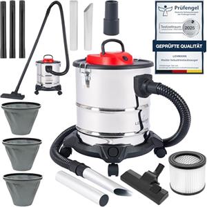 LEHMANN Haddo Aspirapolvere industriale 2000W | Bidone aspiracenere per camino con doppio sistema filtri | Aspiratore a secco umido con serbatoio in acciaio inox 20 L | Funzione Soffiante, Argento