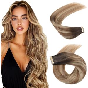 Hotlulana Extension Capelli Veri Biadesivo Balayage Castano Con Castano Chiaro e Biondo Chiaro(2/6/18K#) Extension Capelli Veri 14Pollici 20pcs 35cm 40g Invisible Extension Biadesive Capelli Veri.