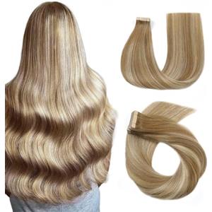 Hotlulana Extension Capelli Veri Biadesivo Balayage Castano Chiaro Con Biondo Dorato(#10/10/22) 14Pollici 20pcs 35cm 40g Invisible