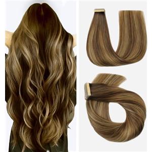 Hotlulana Extension Capelli Veri Biadesivo Balayage Castano Medio Con Biondo Miele(#4/4/27) Extension Capelli Veri 18Pollici 20pcs 45cm 40g Invisible Extension Biadesive Capelli Veri.