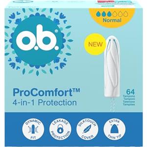 o.b. ProComfort Normal Tamponi 64 pz NOVITÀ, tampone facile da applicare e rimuovere, per sanguinamento medio o forte, interno in materiali vegetali al 100%