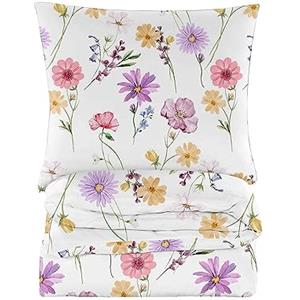 Cotton Market Completo Lenzuola Matrimoniali Cotone - 155x200 cm - Copripiumino Matrimoniale Set con Cuscino 70x80cm - Biancheria da Letto a Fantasi - Bianco e Rosa, Fiori di Campo