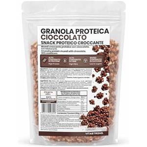 Vitastrong. Vitastrong Choco Protein Granola 250g, muesli croccante con 23,8 g di proteine e 25,8 g di fibre per 100 g, con avena, soia e aroma di caramello, a basso contenuto di zuccheri, ideale per la colazio