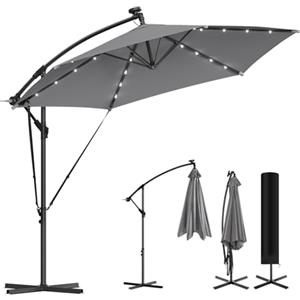 WOLTU Ombrellone da Giardino con Luci LED Solari 3 m, Rotazione a 360°, Inclinazione Regolabile, Ombrellone Decentrato Protezione Solare con Copertura e Corde, per Terrazza, Piscina, Grigio Scuro