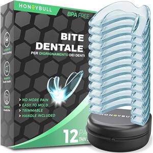 HONEYBULL Bite Bruxismo per Digrignamento dei Denti, 1 Misura per Bruxismo Lieve, Comodo Paradenti Automodellante, Serramento Notturno, Mascherina Sbiancante, Protezione, 12 Pezzi - Sottile