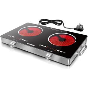 Karinear Piano Cottura Elettrico Doppia di Maniglie, 3200W Piastra Cottura Vetroceramica Portatile 2 Fuochi con Spina, Timer, Blocco di sicurezza, Potenza e temperatura Controllo di Toccare & Manopola