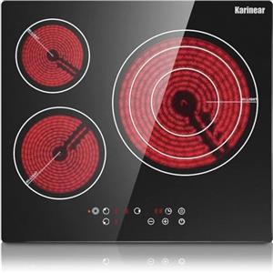 Karinear Piano Cottura in Ceramica da Incasso a 3 Zone, Piano Cottura Elettrico in Cristallo Nero, con Controllo Touch, Timer, Lucchetto Bambino, 5700W, Senza Spina