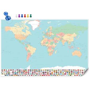 Febio Mappamondo da Parete Magnetico 88x57 cm, Planisfero del Mondo in Inglese con Bandiere e 6 Pin Magnetici, Cartina Geografica Dettagliata, Mappa del Mondo da Parete per Studio e Viaggi