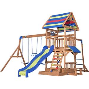 Backyard Discovery Northbrook Parco Giochi, Casetta da Giardino per Bambini | Incl altalene/scivolo/sabbiera/tavolo da picnic | Casetta di legno con piano per uso esterno in giardino