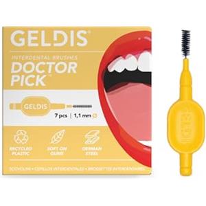 GELDIS Scovolini Dentali Doctor Pick - Scovolino Interdentale per Pulizia Denti, Scovolino Denti per Igiene Dentale, Rimuovi Tartaro Denti, 7 pezzi - Con Cappuccio (Giallo, 1,1mm)