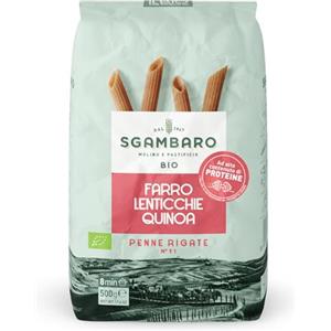 Sgambaro Pasta Bio Penne Rigate N.91-500 g - 18% Proteine Vegetali | con Farina di Farro, Farina di Lenticchie e Farina di Quinoa - Ricche di Proteine e con Basso Indice Glicemico