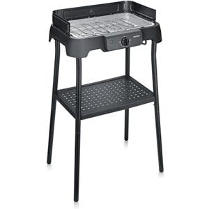 Severin Barbecue elettrico con supporto, temperatura regolabile 35-200 gradi Celsius, riscaldamento rapido, 38 x 22 cm, griglia da tavolo con vassoio di raccolta, griglia in acciaio inox, griglia da