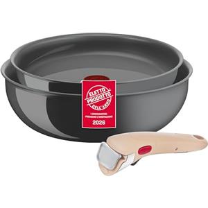 Lagostina Ingenio Vivissima, Set Padella 24cm e Wok 26cm in Ceramica Antiaderente con Manico Rimovibile Beige, Tecnologia Thermo-Signal, per Tutte le Fonti di Calore