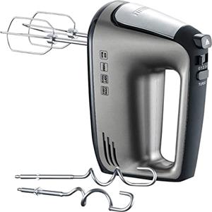 SEVERIN HM 3832 Sbattitore elettrico potente con 2 ganci e fruste in acciaio inox 400 W, Sbattitore con cavo a spirale, 5 velocità e funzione turbo, Sbattitore cucina, Argento/nero