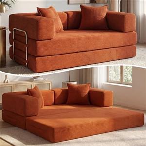 Vipbear Divano letto velluto a coste 160×90×70 cm, divano a pavimento trasformabile 5-in-1, schiuma ad alta densità, pet-friendly ed ergonomico, senza montaggio, Arancione