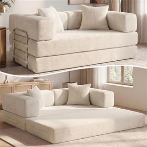 Vipbear Divano letto velluto a coste 160×90×70 cm, divano a pavimento trasformabile 5-in-1, schiuma ad alta densità, pet-friendly ed ergonomico, senza montaggio, Bianco