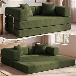 Vipbear Divano letto velluto a coste 160×90×70 cm, divano a pavimento trasformabile 5-in-1, schiuma ad alta densità, pet-friendly ed ergonomico, senza montaggio, Verde