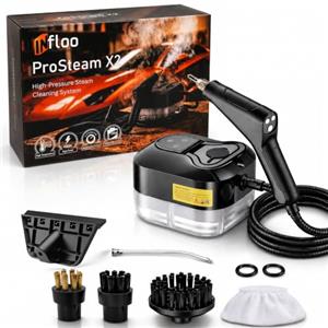 INfloo ProSteam X2 Pulitore a Vapore 2500 W, 4,5 Bar, Serbatoio 1,2 L, 6 Livelli di Vapore, Riscaldamento Rapido in 15 s, con Tubo 2 m, 5 Spazzole, per Auto, Cucina, Fughe, Vetri e Tappezzeria