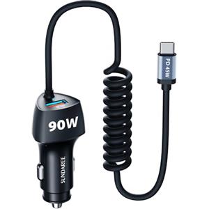 SUNDAREE Caricatore Auto USB C,90W 12V 24V PD QC Carica Rapida Tipo C Cavo Spirale Caricabatterie Accendisigari Adattatore per iPhone 17 16/Redmi Note 14/POCO X7/Samsung A56/Galaxy Tab/Macbook Pro