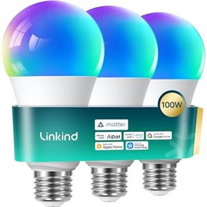 Linkind Lampadina Smart E27 Matter 1600lm, Compatibile con HomeKit (104 scene), 14W, sostituisce una lampada LED WiFi da 100W,compatibile con Apple HomeKit/Alexa/Siri/Google/SmartThings, 3 pezzi