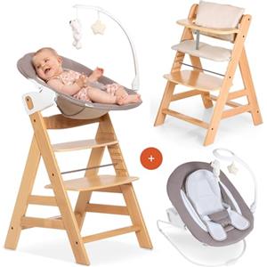 hauck Alpha Plus Newborn Set Deluxe - Seggiolone In Legno Evolutivo dalla Nascita - Sedia Bambini con Sdraietta Dondolo Neonati Reclinabile e Cuscino - Naturale