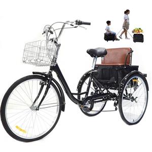 Generic Triciclo per adulti, 24 pollici, 7 velocità con freni sensibili, sedile posteriore e cestino portaoggetti, portata massima 136 kg (300 libbre), ideale per sport all'aria aperta e per fare la spesa.