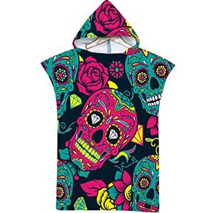 Highdi Telo Mare Poncho Adulto, Motivo Cranio Asciugamano Poncho con Cappuccio per Uomo Donna Poncho Surf Microfibra Poncho Bagno da Mare Asciugamano da Mare per Nuoto
