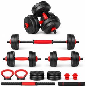 Fitby 20 kg, kit per sollevamento pesi 5 in 1 con barra lunga, kettlebell, ruota addominale e manici pompe, set pesi per sport domestici, principianti e confermati, nero