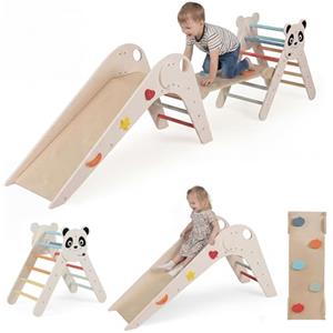 RELAX4LIFE 4 in 1 Triangolo da Arrampicata, Arco da Arrampicata in Legno con Scala e Scivolo, Rampa a Doppia Faccia, Triangolo Giochi Montessori per Bambini 3+Anni (Beige)