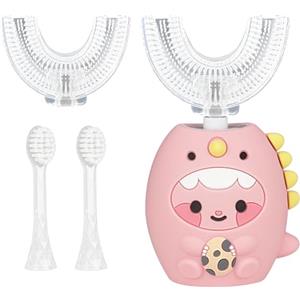 Jonuin Spazzolino Elettrico a Forma di U per Bambini, Spazzolino Sonico con 2 Testine a Forma di U in Silicone e 2 Testine Morbide, 360º, per Bambini e Bambine Dai 2 ai 12 Anni, Dinosauro (Rosa2)