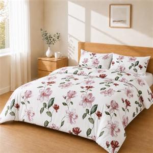 Homebliss Set Copripiumino 200x200 + 50x80 2PCS, Bianco Floreale Rosa | Sacco copripiumino in microfibra spazzolata con federe 50x80 coordinate, cinque misure dal singolo al matrimoniale grande