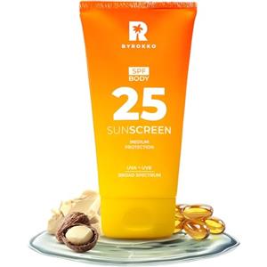 BYROKKO SHINEBROWN BYROKKO Crema solare corpo SPF 25, 150 ml - Protezione ad ampio spettro per pelli sensibili, leggere e non grasse, burro di karitè, vitamina E, profumo tropicale, senza tracce bianche