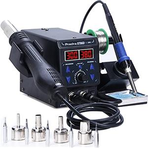 Preciva 8786D Stazione Saldante ad Aria Calda 2 in 1, 750W Rework Station Professionale 200°C-480°C con Display LED, Saldatore Stagno con 4 Ugelli, 5 Punte, Saldatura Senza Piombo 30g