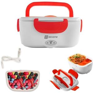 BEHOME Scaldavivande Elettrico Portatile con 2 Contenitori Removibili 1,5 Litri Porta Pranzo con Cucchiaio e contenitore Portaposate per Pranzo in Auto, Ufficio, Pic Nic