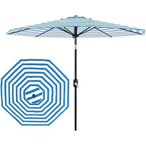 GarveeHome Ombrellone Esterno 270 cm Resistente Protezione UV e Impermeabile, Meccanismo a Manovella, Inclinabile Marrone con Dettagli Blu e Bianchi Base Plastica, Ideale per Giardino Piscina e Locali Pubblici