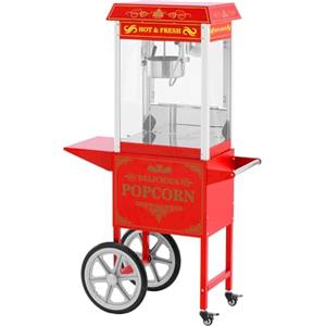 Royal Catering Macchina per popcorn con carrello, 1500 W, design retrò, 195/235 °C, 2 temperature per popcorn dolci e salati, colore rosso