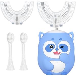Jonuin Spazzolino Elettrico a Forma di U per Bambini, Spazzolino Sonico con 2 Testine a Forma di U in Silicone e 2 Testine Morbide, 360º, per Bambini e Bambine Dai 2 ai 12 Anni, Procione Blu