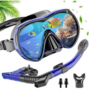 IEEILULU Set da Snorkeling per Adulti con Maschera Subacquea e Boccaglio, Maschera Snorkeling Anti Fog Panoramica 180°, Snorkel Set con Boccaglio a 3 Canali per Immersioni Nuoto (Blu)