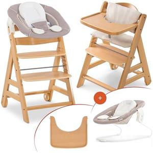 hauck Sediolone Pappa Alpha Move Newborn Set - Seggiolone Pappa Legno Evolutivo Da 0 Mesi con Sdraietta Dondolo Neonati, Cuscino e Vassoio - Legno, Beige