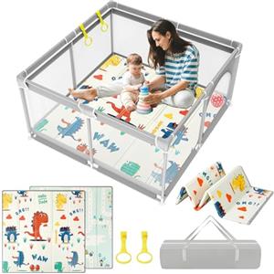 YOBWOK 120x120cm Box Bambini con Materassino, Recinto per Bambini, Box Neonato con Tappeto Schiuma, Recinto Neonato con Rete Traspirante Sui Quattro Lati e Ventose