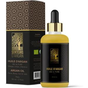 Senteurs d'argan Olio di argan puro biologico per capelli corpo, viso, olio di argan del Marocco 100% puro Naturale e pressato a freddo- certificato biologico - Olio antietà - 50ML