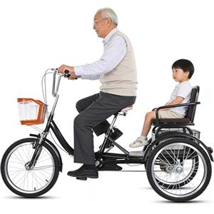 Generic Triciclo cargo per adulti da 20 pollici, risciò a 3 ruote con pedali, risciò per anziani, coppia genitore-figlio, doppia catena e freno, cestino posteriore per svago, shopping, picnic, nero