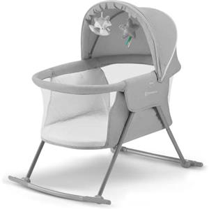 Kinderkraft LOVI Lettino da Campeggio, Culla a Dondolo, Cappottina, Materasso, Pieghevole, per Neonati, 0-9 Kg, Grigio