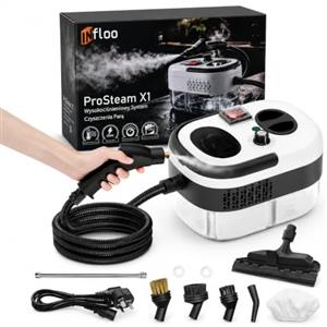 INfloo ProSteam X1 Pulitore a Vapore 2500 W, 4,5 Bar, Serbatoio 1,2 L, 6 Livelli di Vapore, Riscaldamento Rapido in 15 s, con Tubo 2 m e 3 Spazzole, per Pavimenti, Vetri, Bagno, Cucina e Auto