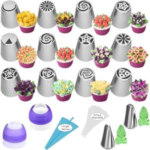 DGN 27 Pezzi Set di Beccucci Sac a Poche Professionali,Riutilizzabile Sacca a | Poche per Dolci,14 Beccucci Grandi in Acciaio Inox,Beccucci Russi Fiori Decorative Accessori per Dolci Pasticceria Torta