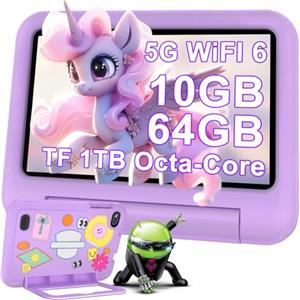 DEERTiME AI Tablet per Bambini Andorid OS Tablets 7 Pollici 10GB RAM + 64GB ROM (TF 1TB), 5G WiFi 6, BT5.0, 8-Core, Controllo Parentale | Doppia Fotocamera | GMS Certificated | GPS | Tablet con Custodia-Viola