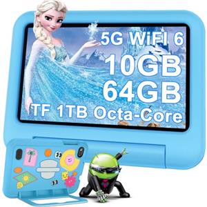 DEERTiME AI Tablet per Bambini Andorid OS Tablets 7 Pollici 10GB RAM + 64GB ROM (TF 1TB), 5G WiFi 6, BT5.0, 8-Core, Controllo Parentale | Doppia Fotocamera | GMS Certificated | GPS | Tablet con Custodia - Blu