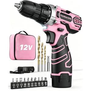 FAHEFANA Trapano Avvitatore Batteria 12V, Rosa, Max 25Nm, 2.0Ah Batterie, 18+1 Impostazione Coppia, LED Luce, 15 Accessori, 10mm Mandrino Autoserrante, Per Riparazione e Fai da te, Donne
