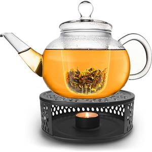 Creano Teiera in vetro da 1200 ml, con colino in vetro e coperchio, fornello nero