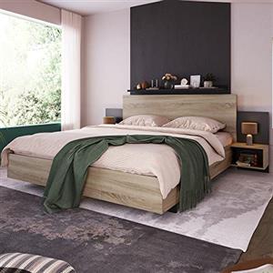 Terahanda Letto matrimoniale in legno, 160 x 200 cm, con 2 comodini, letto moderno, con 2 comodini, camera da letto, completo, 205,5 x 235 x 76,5 cm (larghezza x profondità x altezza), set in rovere